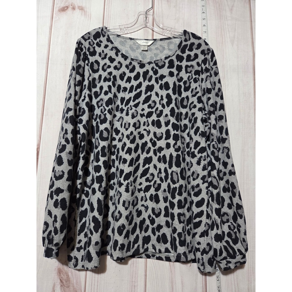 CJ Banks Womens 1X Leopard Print Long Sleeve Top Gray Black Animal Crew Neck